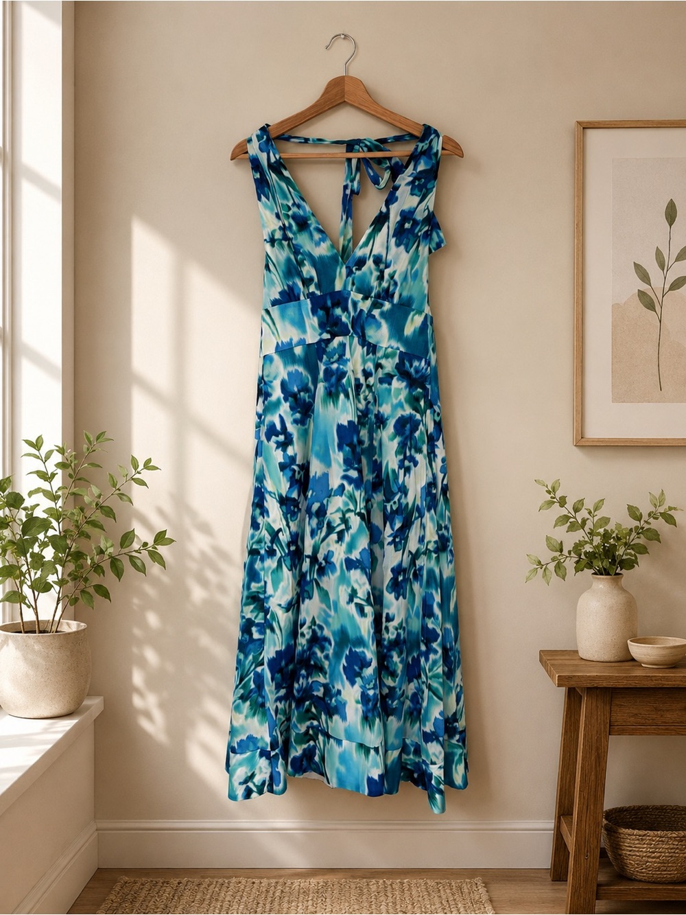 NWT DKNY Cotton Halter Midi Dress Tie Back V Neck Blue Floral Size M